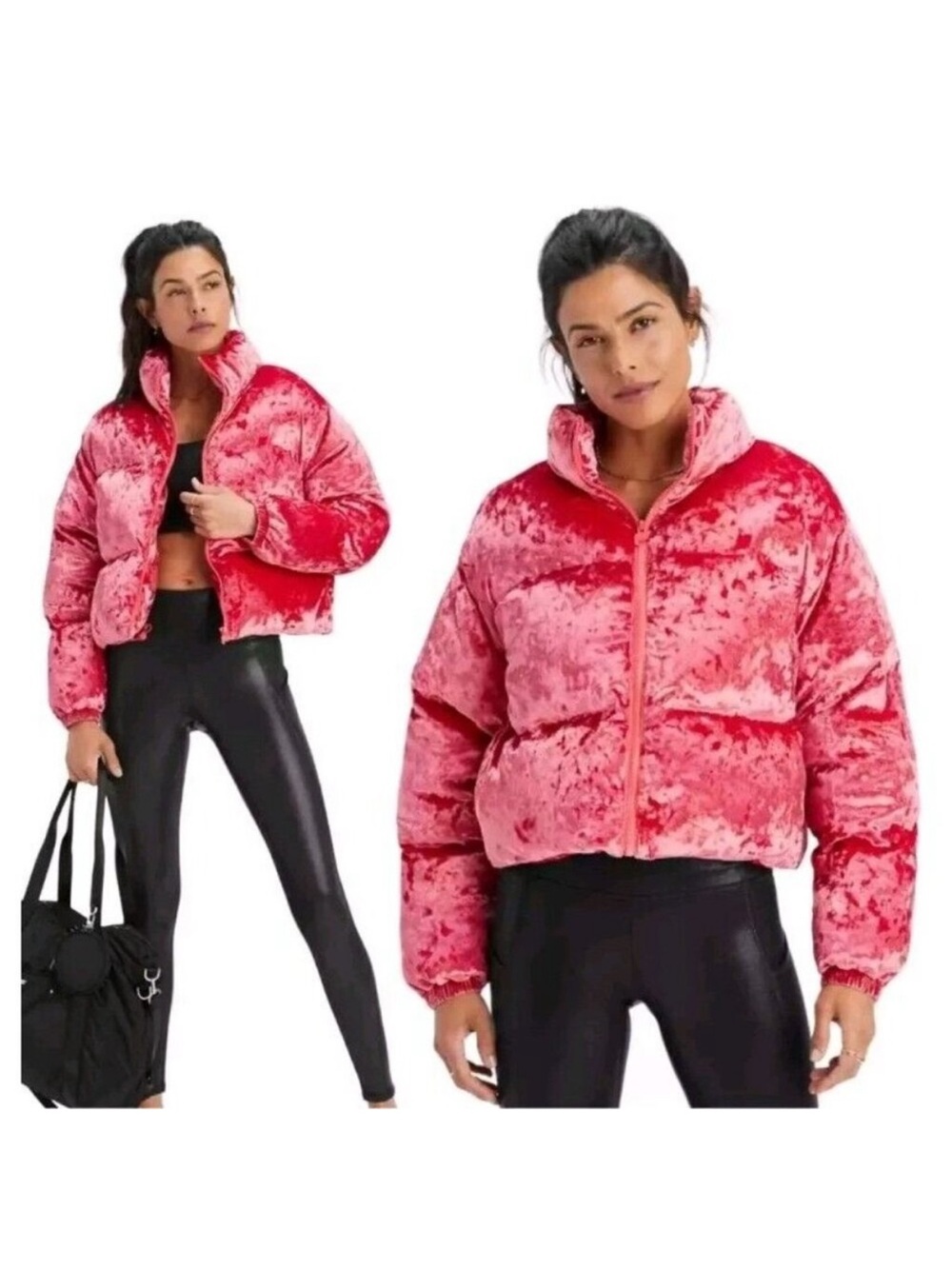 Fabletics Strawberry Red Crushed Velvet Oversized Cropped Puffer Jacket Size 1X